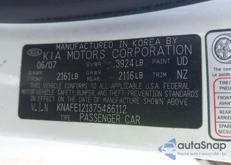 2007 Kia Spectra Ex/Lx from USA, damaged, VIN KNAFE121375486112